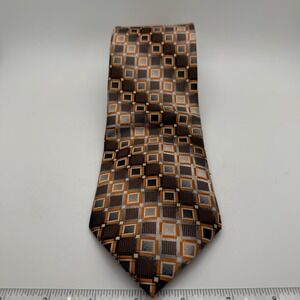 Stafford Essentials Men Tie Brown Orange Grey Geometric Square Pattern Polyester